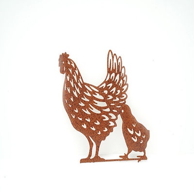 Metal Animal Garden Ornament Metal Silhouette Garden Stakes, Hen And Chick