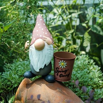 Modern Metal Yard Ornaments Rustproof Custom Metal Decor Gnome With Planter Pot