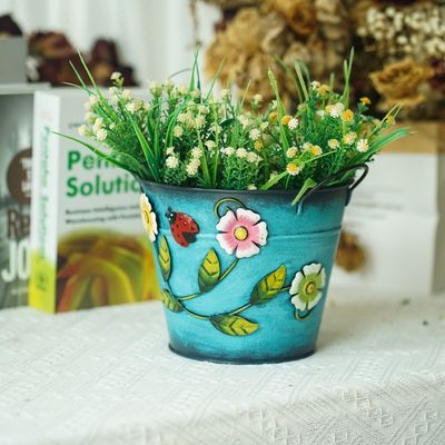Round Metal Flower Pot Decoration Indoor / Outdoor Garden Metal Ornaments